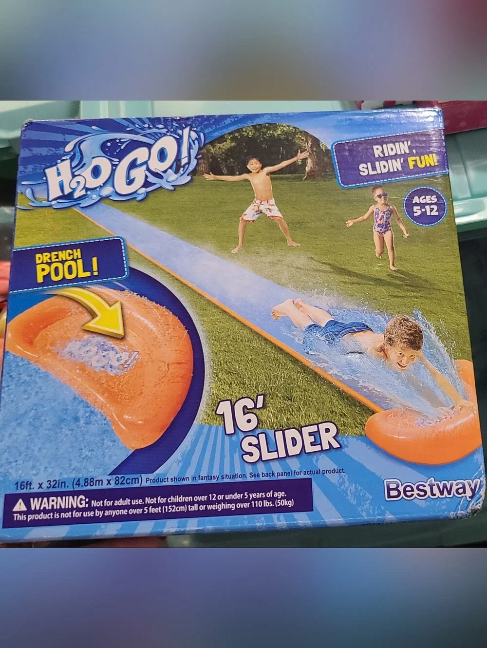 H2O GO! 16 ft Single Water Slide With Drench Pool. ..Orange/Blue